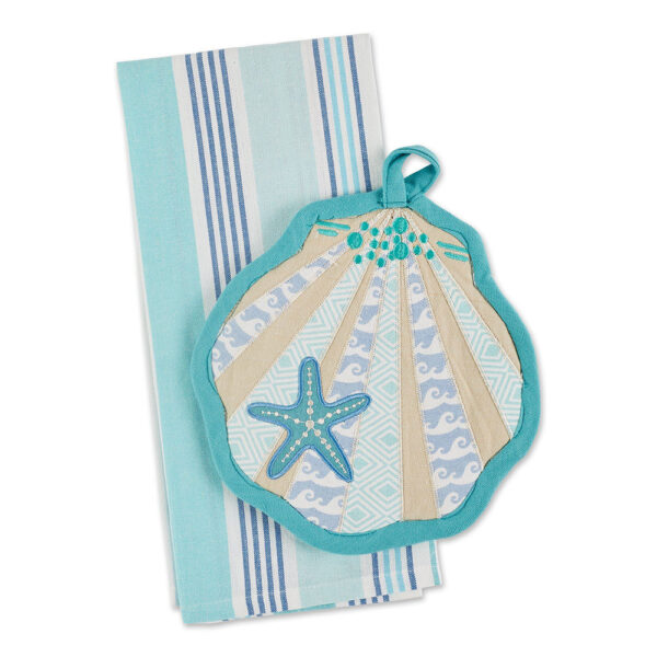 Coastal Blue Seashell Potholder and Kitchen Towel Gift Set